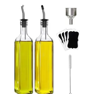 Olive Oil Dispenser Bottle, 2 Pcs Glass Dispenser Vinegar Dispenser Set with 2 Stainless Steel Pourers, 4 Labels,1 Brush and 1 Funnel  Kitchen (500ml)