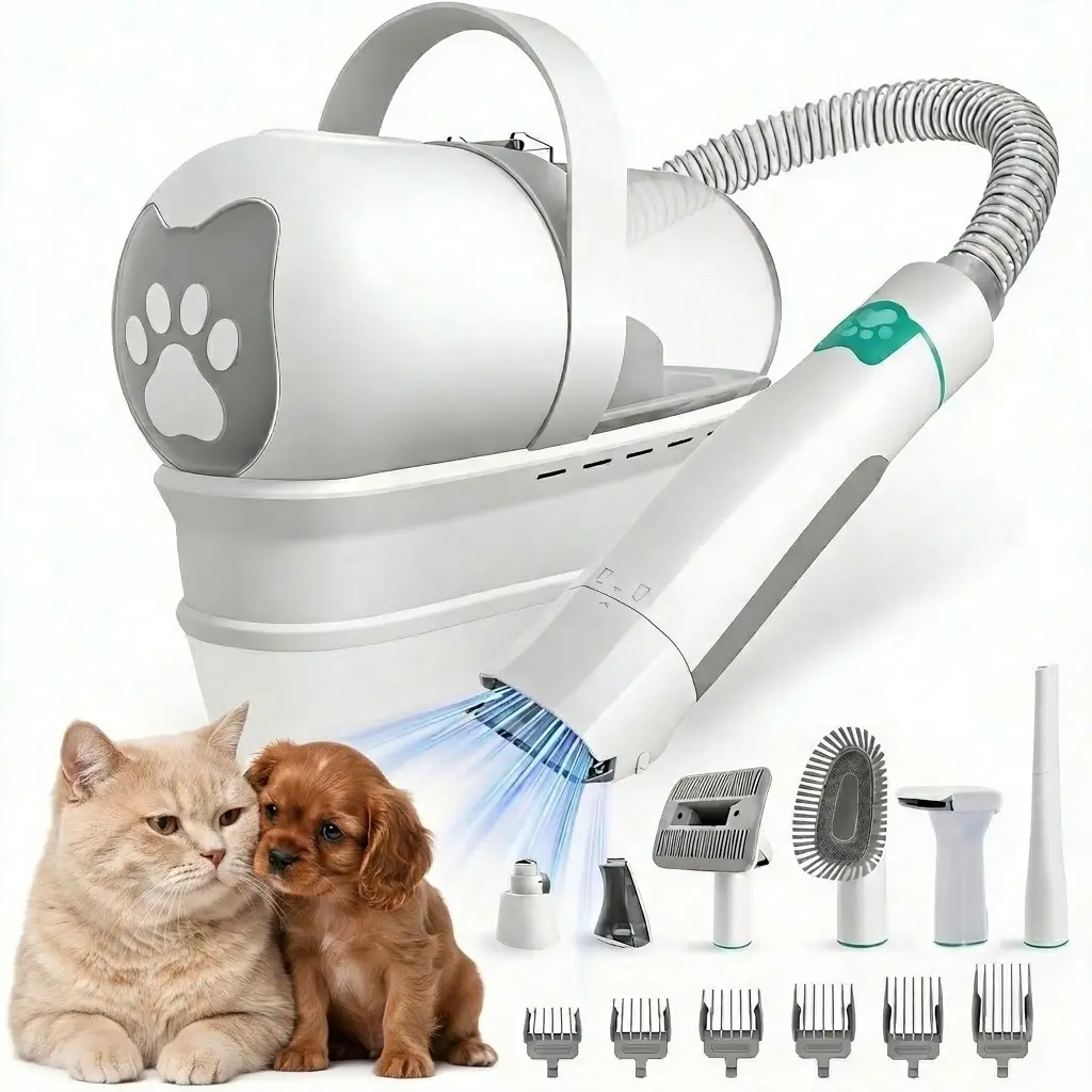 Dog Grooming Vacuum Kit for Shedding, 7-in-1 Pet Hair Groomer & Electric Clipper Set with Paw Trimmer, Nail Grinder & 6 Guard Combs