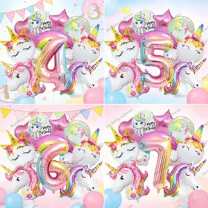 Unicorn Rainbow Pony Number Aluminum Foil Balloons, Selectable Numbers 1-9, Kids Birthday Party Decoration Set, Colorful Balloon Background
