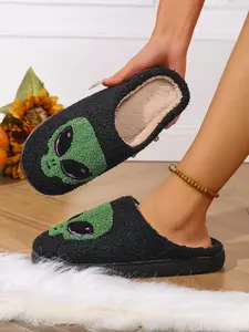 Halloween Comfortable Couple Slippers, Alien Eye Embroidery, Cartoon Pattern, Warm Home Slip-Ons for Women, Casual Textile Design