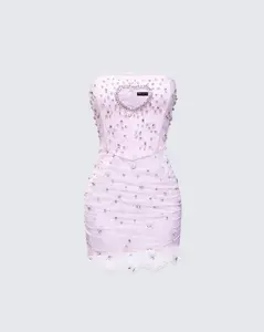 Clover Hand Beaded Rhinestone Pink Mini Dress