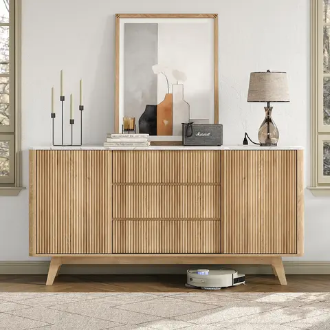 FUSOU 62" W Fluted Wood Sideboard - Sturdy Storage Furniture, Cupboards Cabinets Dresser with Sliding Doors, USB+AC Outlets, 3 Drawers, 2 Adjustable Shelves, Long Legs, Easy Setup for Living/Dining Room, Natural Finish