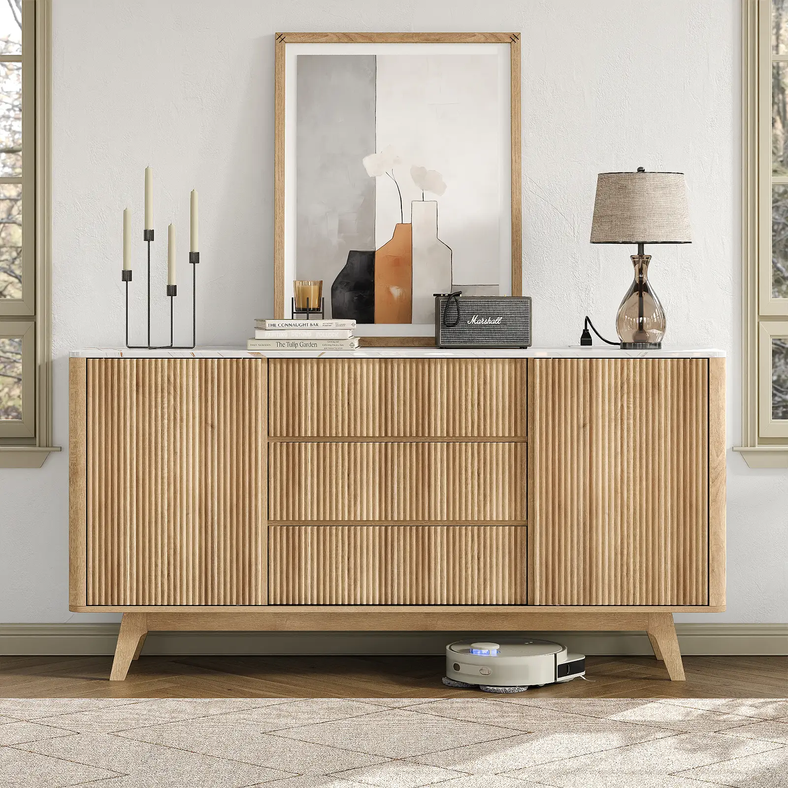 FUSOU 62" W Fluted Buffet Cabinet with Sliding Doors, Modern Sideboard Storage Cabinet with Power Outlet & 3 Drawers, Mid-Century Coffee Bar Table for