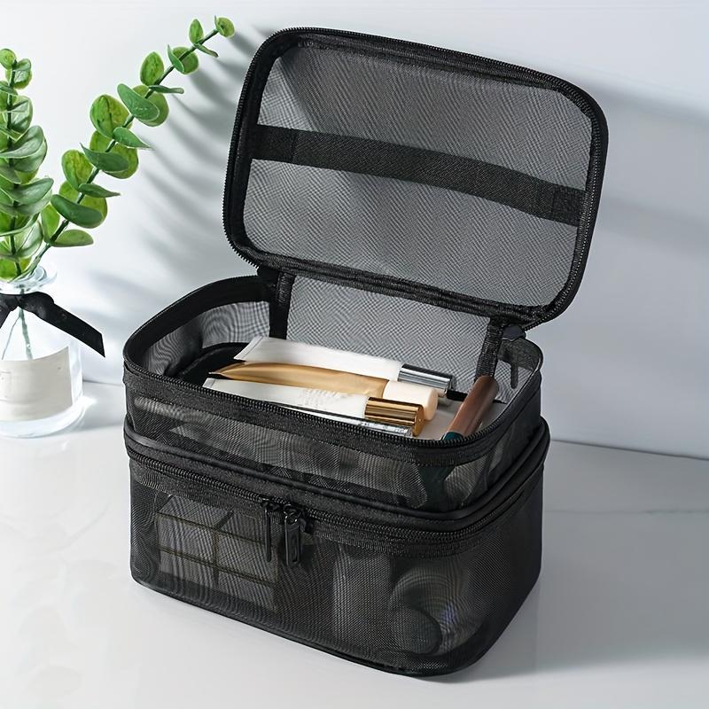Lightweight Double Layer Makeup Bag - Durable Polyester, Zipper Travel Toiletry Organizer, Black Cosmetic Organizer