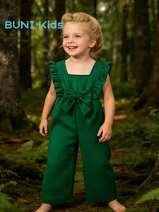 BUNI Kids Toddler Girls Ruffle Bow Jumpsuit, Sleeveless Square Neck Wide Leg Romper, Cute Casual Summer Outfit, 2 Colors Green/Pink, for Daily, School, Playdate, Vacation, Beach, Camping, Photoshoot, Birthday, Wedding Guest, 2-8 Years