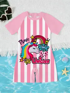 Unicorn Magic Series Rainbow Unicorn Pattern Short Sleeve One-Piece Swimsuit, Girls Dream Princess Style, Summer Beach Playwear