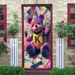 2pcs Colorful Graffiti Teddy Bear Wall Sticker with Dollar Bills Pattern Creative Art Decor for Kids Room Living Room Bedroom Door Mural Self Adhesive Removable Vinyl Decoration Home Dec