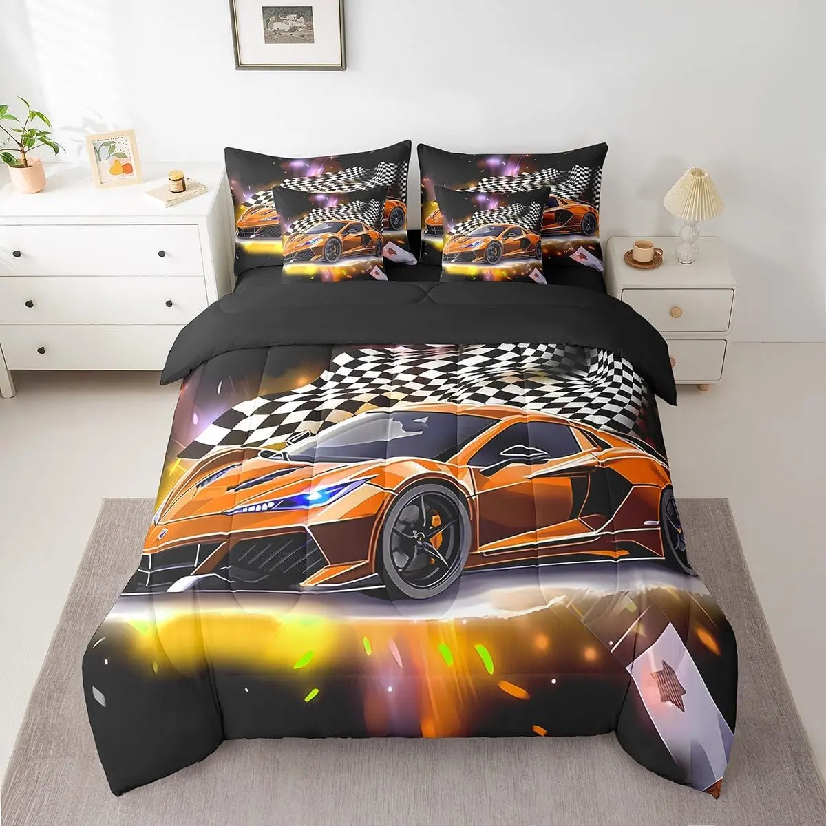 Feelyou 7-Piece Microfiber Orange Race Car Bedding Set - Twin Size Extreme Sport Theme Bed-in-a-Bag, Includes Breathable Sheets, Black and White Flag Comforter, Microfiber Bed Set