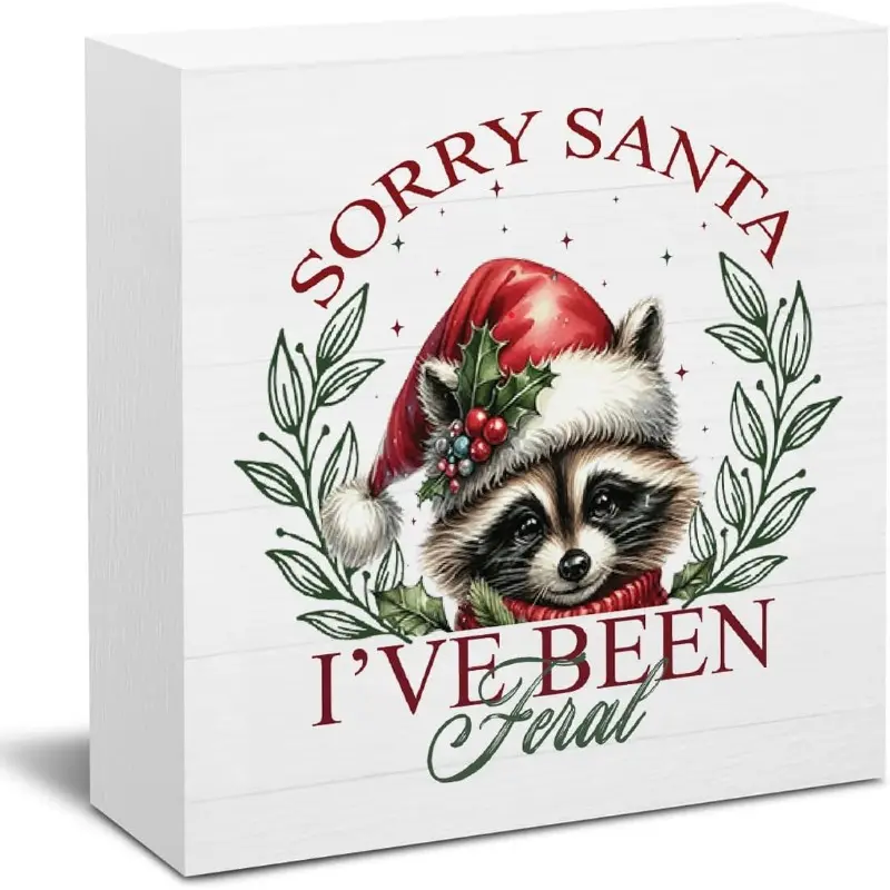Christmas Sign Decorations for Home Office Desk Christmas Decor for Table Sorry Santa Sign Raccoon Decor Desk Accessories 5 X 5 Inch