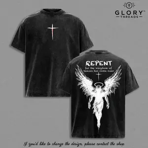 Repent Vintage Washed Oversized Christian T-Shirt, Angel Wings Faith Graphic Tee, Kingdom of Heaven Has Come Near Gospel Streetwear Top, Heavy Cotton Unisex Retro Worship Shirt