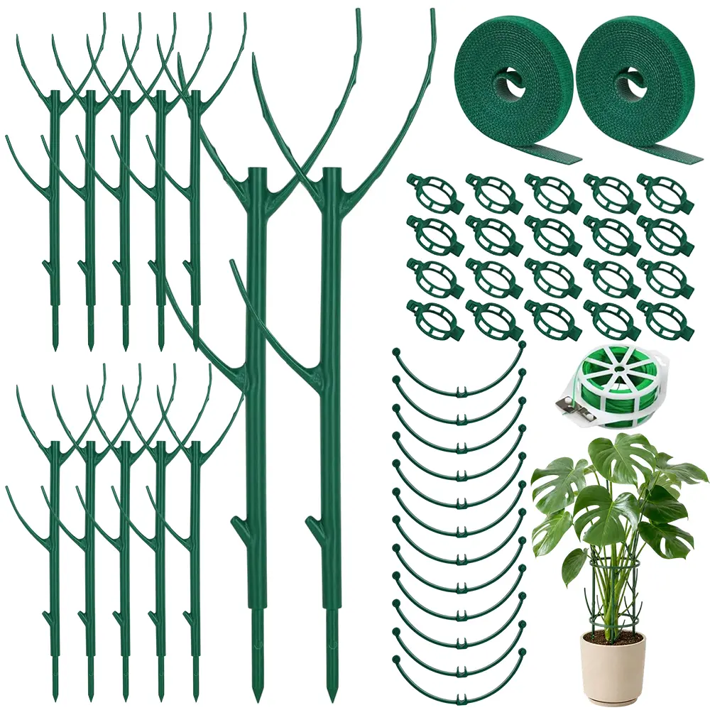 DIY Branch‑Shaped Potted Plant Trellis Support Set, Multi‑Parts Garden Plant Stake System with Fixing Clips, Plant Ties and Hook‑and‑Loop Straps, Heavy‑Duty Green Plastic Frame for Climbing Plants, Vegetables and Flower Shrubs Indoor Outdoor