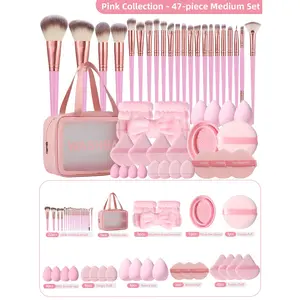 47pcs Makeup Tool Set, Includes 22pcs Brushes, Waterproof Cosmetic Bag, Sponge Pads, Powder Puffs, Hairband, Wrist Straps, Brush Cleaner, Makeup Accessories