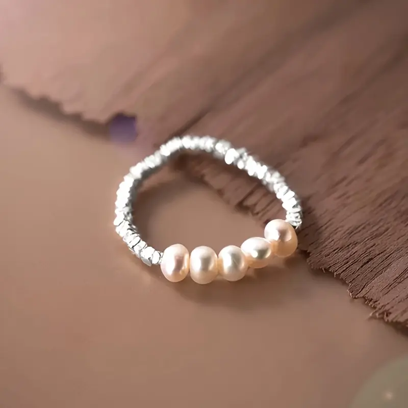 [Chic Pearl Stretch Ring] Hypoallergenic S925 Sterling Silver Freshwater Pearl Adjustable Stretch Ring for Women |   Minimalist Chic Design, Unique Style, Perfect for Daily Wear, Vacation, Valentine's Day, Birthday, Mother’s Day Gift - 1 Ring, Pure Silver