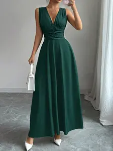 Deep V Neck Dress, Elegant A-Line Pleated Dress, Long Sleeveless Formal Party Gown, French Style Evening Wear, Summer Daily