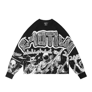 Oversized Vintage Washed Long Sleeve Alien Rock Band Graphic Tee| Y2K Grunge Sci-Fi Streetwear Top| Unisex Statement Piece for Edgy OOTD
