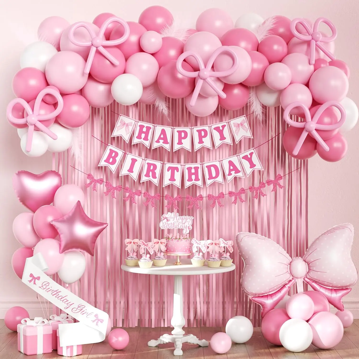 Coquette Themed Pink Bow Female Birthday Party Decor Set - Girls' Festive Supplies with Photo Prop, Quick Setup, 1 Sash, 2 Foil Backdrops, Fringe Curtain, Foil Balloons, 12 Cupcake Toppers, Party Gifts