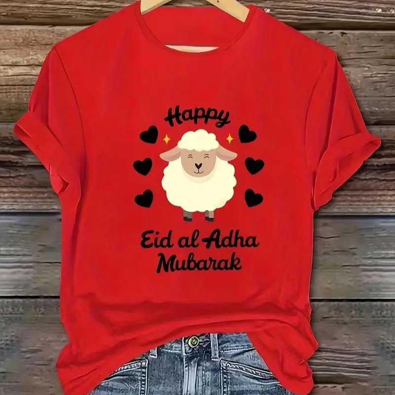 Happy Eid al Adha Mubarak Cute Sheep Black Heart Graphic T-Shirt Muslim Festival Casual Short Sleeve Tee