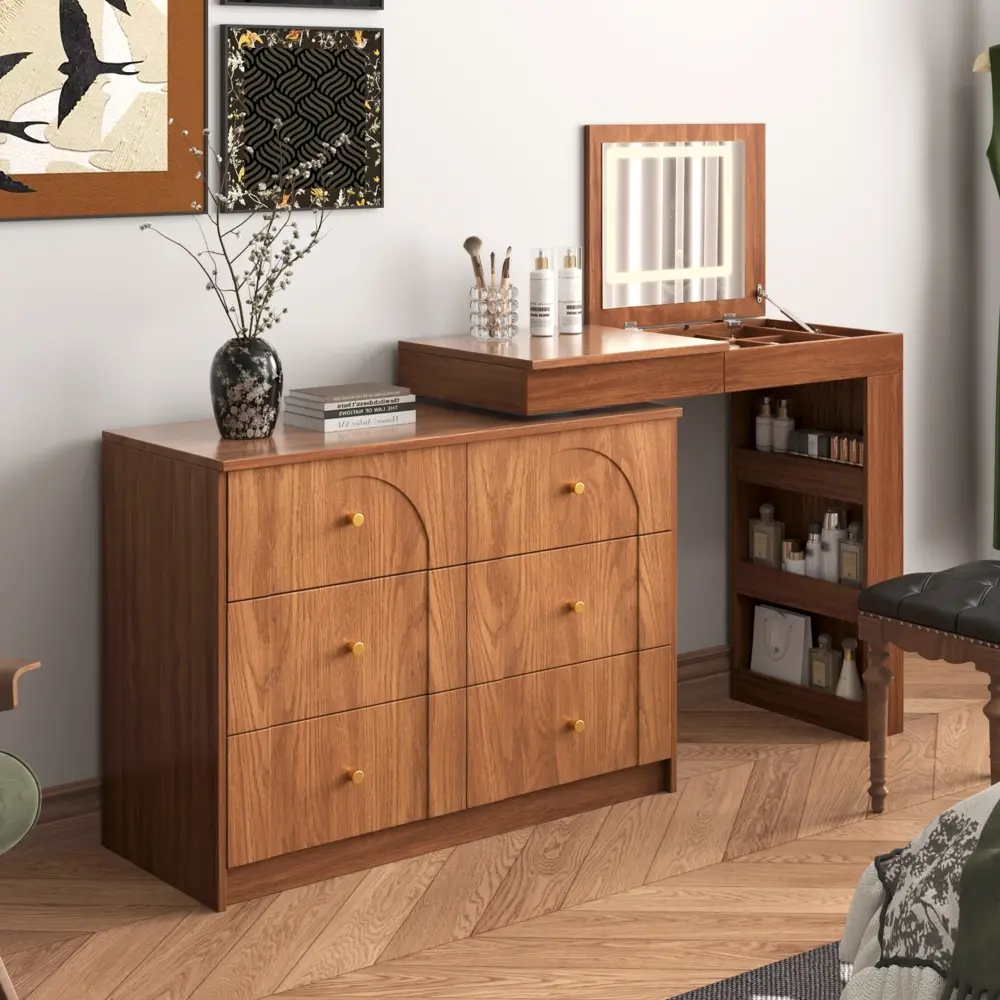 LED Vanity Desk with Mirror and Lights - Modern Vanity Table, Flip-Top Tabletop, 7 Drawers, 9 Compartments, 3 Shelves, 3 Adjustable Color Modes, Easy Setup, Walnut Mirrored Indoor Makeup Furniture