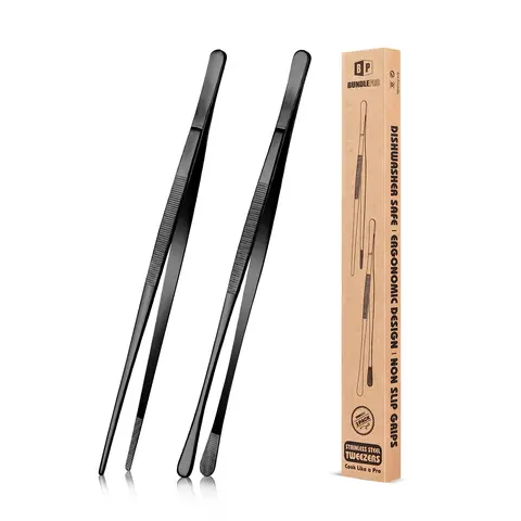 BUNDLEPRO 2-Design Stainless Steel Kitchen Tweezers Set - 10in/12in Reach, Sturdy Fine-Tooth Hold, Narrow-Space Tip Long Handle Tongs for Grill, Barbecue Accessories