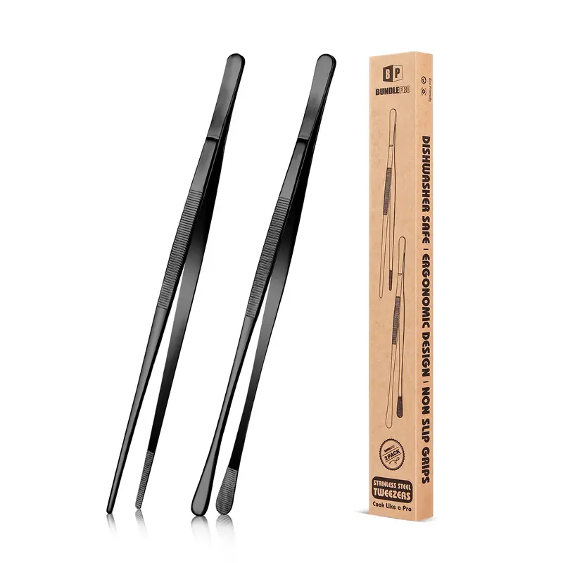 BUNDLEPRO 2-Design Stainless Steel Kitchen Tweezers Set - 10in/12in Reach, Sturdy Fine-Tooth Hold, Narrow-Space Tip Long Handle Tongs for Grill, Barbecue Accessories