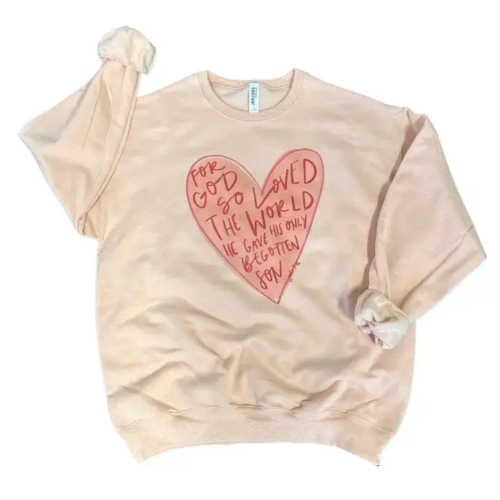 For God So Loved the World Red Heart on Blush Pink Sweatshirt