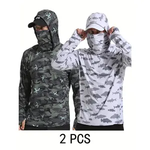 2pcs Men's Quick Dry Fishing Shirt Lightweight Camouflage Long Sleeve Hooded Outdoor Summer Breathable Ice Sliky Fiber Fabric