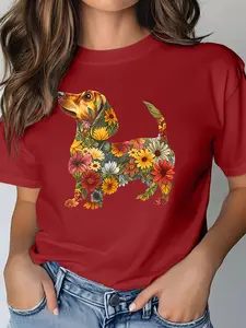 Women's Casual Short Sleeve T-Shirt, Floral Dachshund Creative Print, Multiple Colors, Machine Washable, Spring & Summer Top, Soft Skin-Friendly Fabric, Daily Wear, Fashion Design