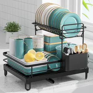 Black 2 Tier Dish Drying Rack, Detachable Kitchen Dish Rack Organizer with Drainboard and Utensil Holder, Large Capacity Countertop Drying Rack for Plates, Bowls and Cups, Space Saving Kitchen Storage Rack for Home Use