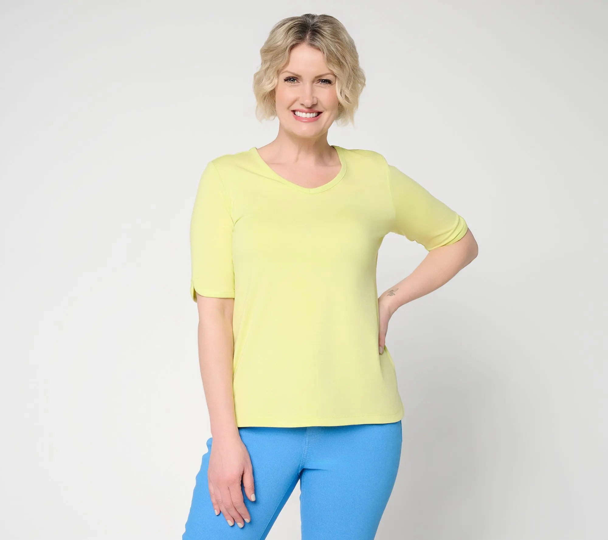 Denim & Co. Essentials Favorite Jersey Elbow Sleeve V-Neck Top