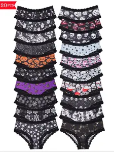 Morvia 20pcs Sexy Cute Gothic Halloween Contrast Lace Hipster Panties, Allover Print Comfy Intimates Briefs Panties, Women's Underwear & Lingerie, Trim Lace Panty