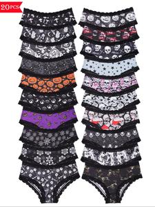 morvia 20pcs sexy cute gothic halloween contrast lace hipster panties, allover print comfy intimates briefs panties, women's underwear & lingerie