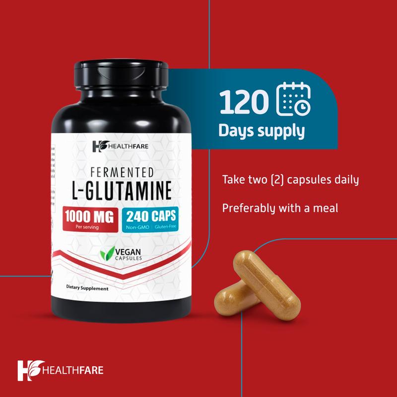 HealthFare L-Glutamine 1000mg Capsules | 240 Veg Capsules | Amino Acid Fuel for Gut & Muscle Health | Non-GMO | Gluten-Free | Support for Recovery & Wellness | Made in The USA