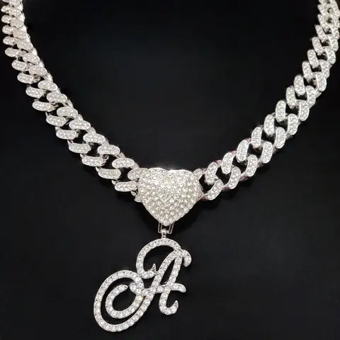 Fashion A-Z Letter Pendant Necklace & 13mm Glass Rhinestone Cuban Chain, Women Hip Hop Letter Pendant Necklace, Vintage Jewelry, Costume Jewelry Necklace, Rhinestone Decorated Necklace, Bling Stylish Accessory, Valentine's Day gift, Cuban Link Necklace
