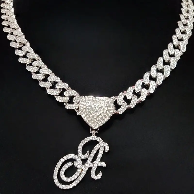 Fashion A-Z Letter Pendant Necklace & 13mm Glass Rhinestone Cuban Chain, Women Hip Hop Letter Pendant Necklace, Vintage Jewelry, Costume Jewelry Necklace, Rhinestone Decorated Necklace, Bling Stylish Accessory, Valentine's Day gift, Cuban Link Necklace