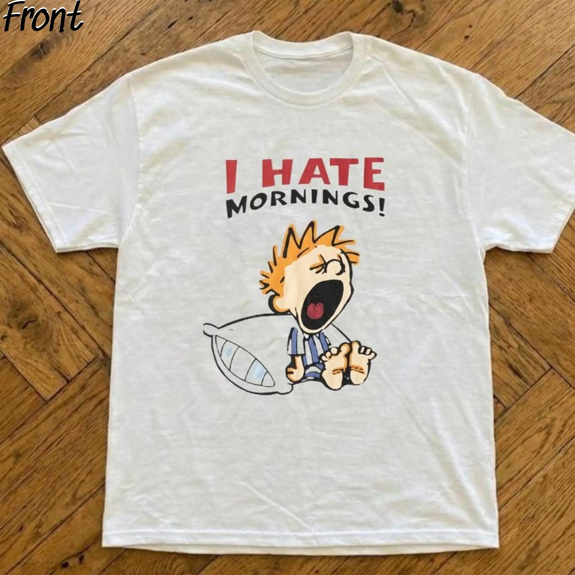 Funny I Hate Mornings Graphic Tee, Funny Cartoon Shirt, Calvin and Hobbes Comics Merch, Funny Introvert Coffee Humor Shirt, Gen Z Humor Tee, Funny Y2k Unisex Graphic Tees, Y2K Emo Scene Amity Affliction Style, 100% Cotton Lightweight Shortsleeves