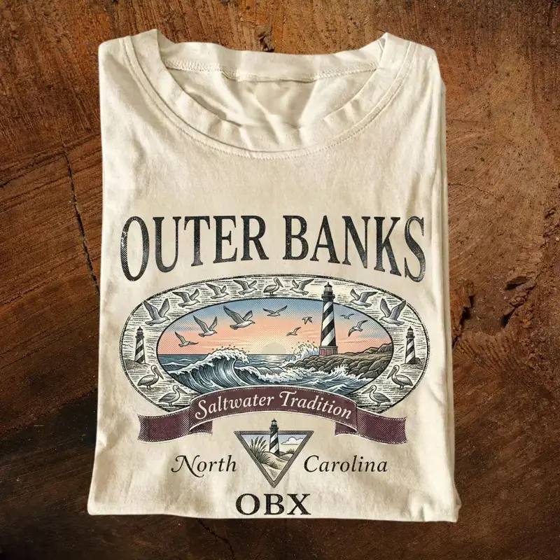 90s Vintage Outer Banks Lighthouse Beach Scene T-Shirt | OBX North Carolina