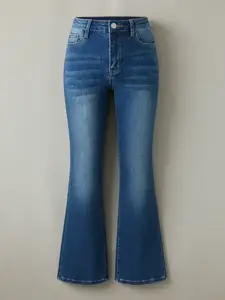 Girls' Fashion Slim-Fit Denim Jeans, Flared Jeans, Elastic Waistband, All-Season Wear, Casual Style, Plain Pattern, Adjustable Fit