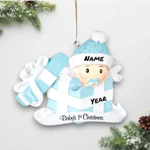 Personalized Baby Boy’s First Christmas Ornament – Blue Gift Box Keepsake with Name & Year – Custom Holiday Decoration 2025