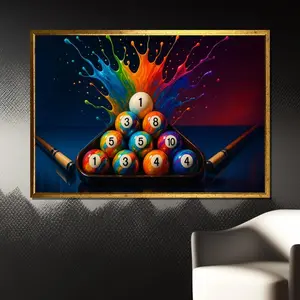 Colorful billiard balls painting print poster – bold pool game wall art gift with neon splash explosion and modern playful game room decor