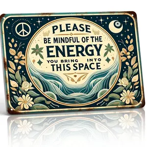 "Please Be Mindful Of The Energy You Bring Into This Space" 8x12 Inch Aluminum Metal Sign - Celestial Boho Wall Decor for Home, Meditation Room, and Office - Retro Tin Poster with Peace Moon & Floral Wave Design