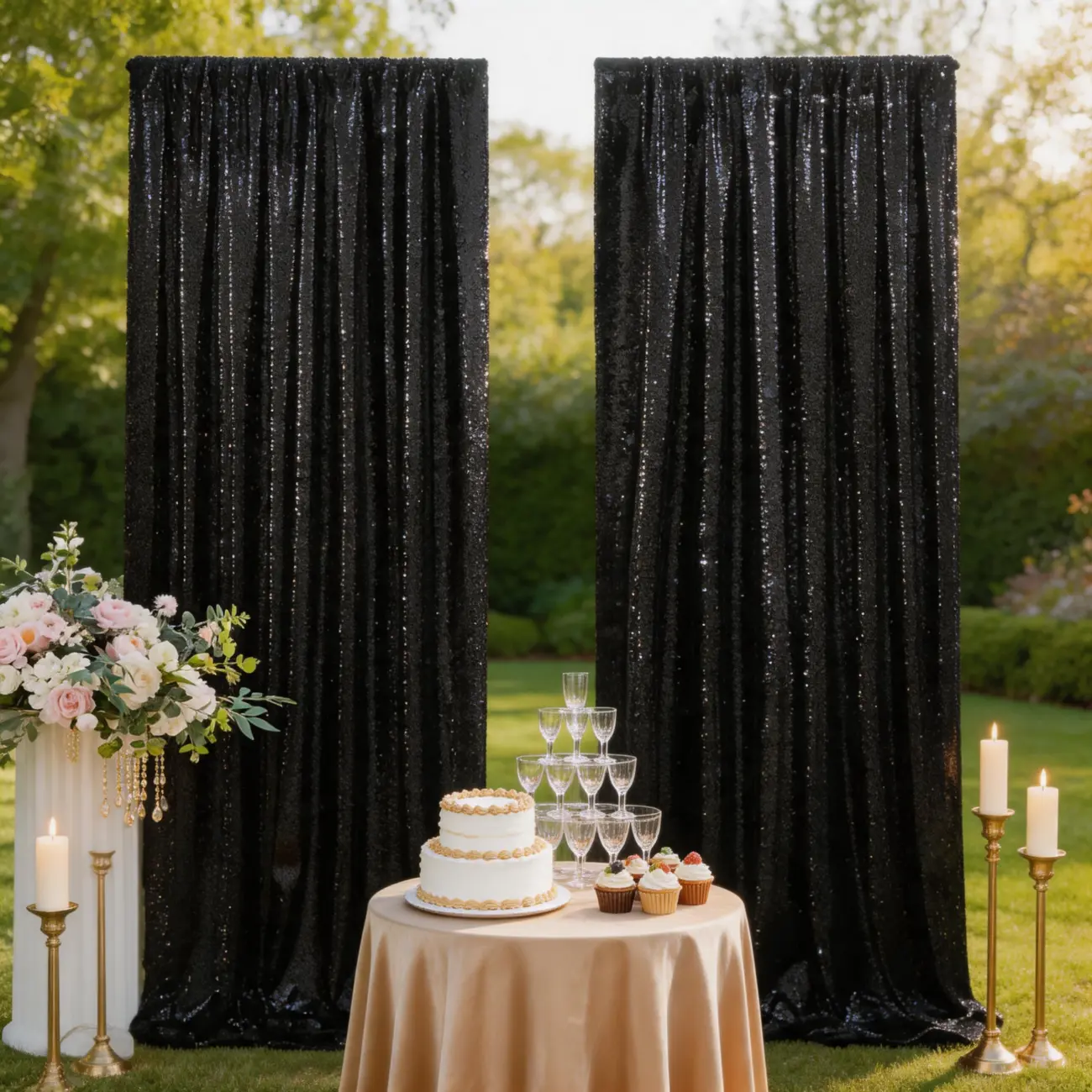 Black Sequin Event Drapes 8 Panels 2ft x 8ft, Blinding Glitter Backdrop for Red Carpet, DJ Setup, Christmas, Birthday, Studio Portrait Background