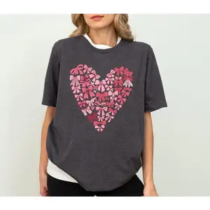 Coquette Bow Valentine's Day Shirt,  Pink Bow Valentines Day t Shirt, Retro Valentine Day Bow Shirt, Round neck T-shirt with bow