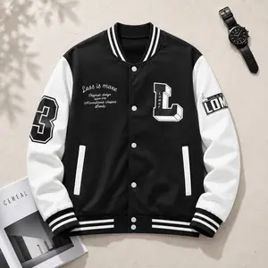 Men's Black White Varsity Jacket - Classic Letter Print Long Sleeve Menswear Baseball Coat, Soft Ribbed Fabric Casual Streetwear Bomber with Striped Trim, Vintage Leopard Fleece for Multi-Season Use