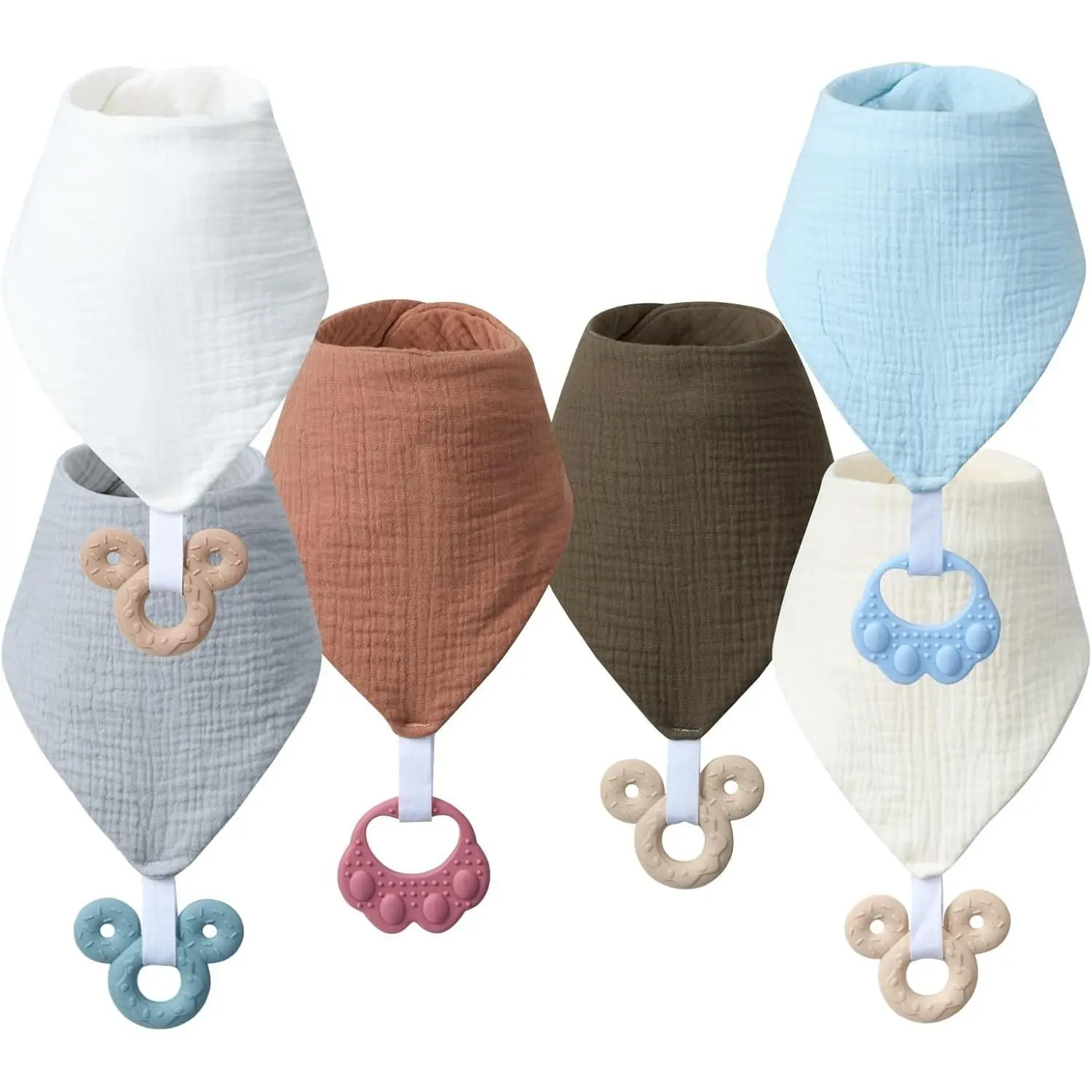 P-AS011   Baby Teething Bibs 6-Pack with Attachable Teether - 100% Organic Cotton, Super Absorbent & Soft Drool Bibs