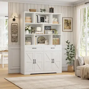 HOSTACK 71" Tall Bookcase with Drawers and Doors, 47" Wide Book Shelf and Bookcase with Storage, 6 Tier Large Book Storage Cabinet with 14" Deep Display Shelves Living Room White FathersDayGift