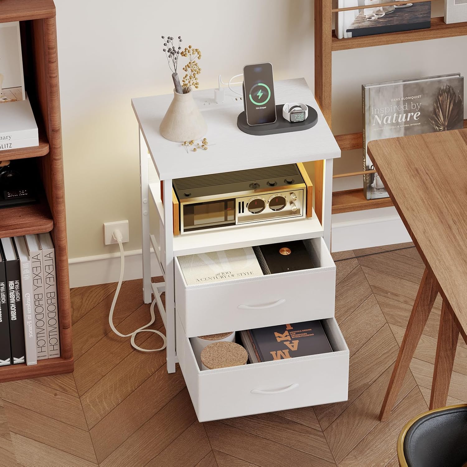 Night Stand with Charging Station, LED Nightstand with U-S-B Ports and Outlets, 2 Fabric Storage Drawers with PU Finish, Bed Side Table, White