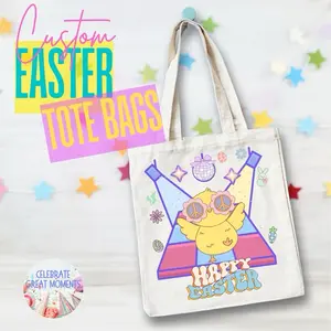Custom Easter Tote Bags with Character Design and "Happy Easter" Text, Ideal for Easter Celebrations