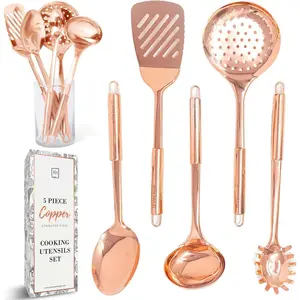 Copper Cooking Utensils Set - 5- Rose  Stainless Steel Kitchen Tools for Cooking and Serving Includes Ladle, Spoon, Pasta Fork, Spatula, and Skimmer - Stylish Copper Kitchen Accessories