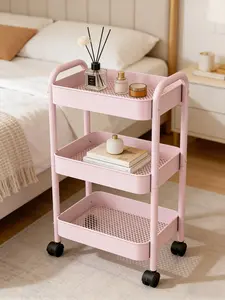 3-Tier Metal Rolling Storage Cart – A home organization essential; a multi-level rack suitable for narrow spaces. This mobile storage cart is perfect for the kitchen or bedside and is available in white and pink.