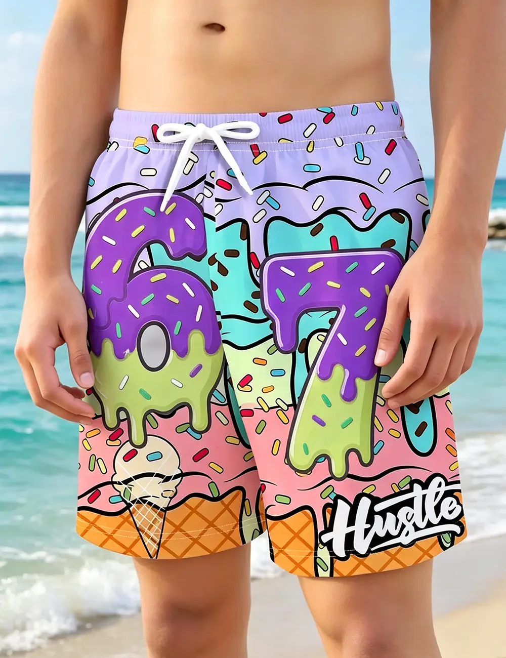 Boys' 67 Polyester Swim Shorts - Ice Cream Cone Graphic, Colorblock Hustle Print, Quick-Dry, Sun-Protection Beachwear Clothing, Polyester Clothing, Colorful Boys' Shorts